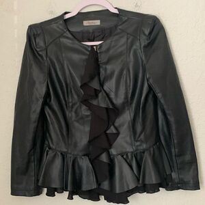 Kleiber Women’s Faux Leather Zip Ruffle Trim Black Jacket Size M